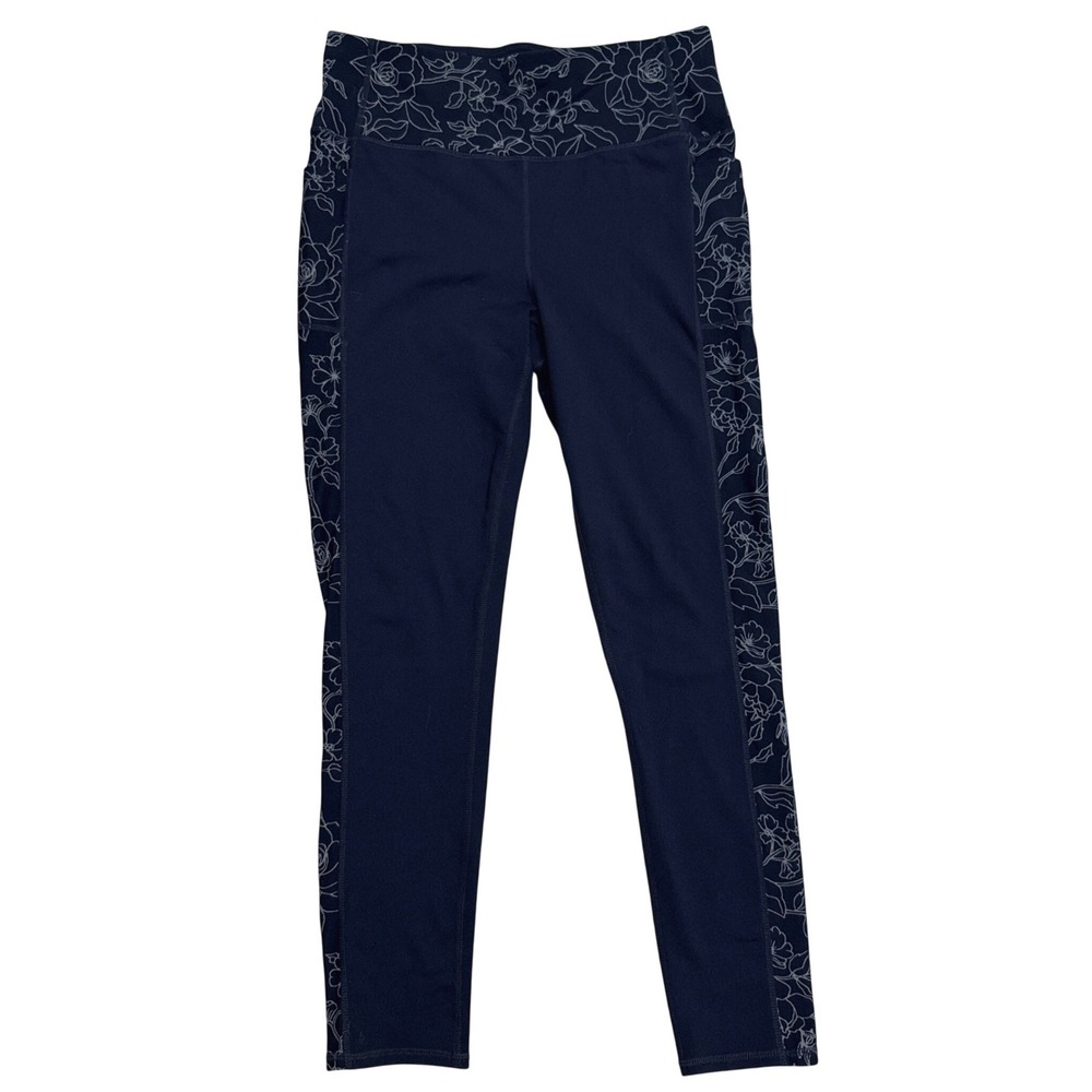 Skechers Leggings Women L Black Floral Print High Waist Side Pockets Activewear